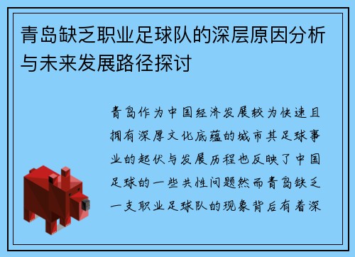 青岛缺乏职业足球队的深层原因分析与未来发展路径探讨