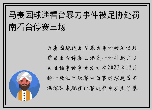 马赛因球迷看台暴力事件被足协处罚南看台停赛三场